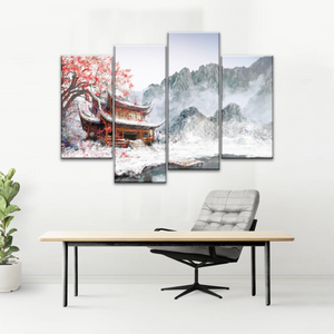 Brown Pagoda Under Red Cherry Blossom Wall Art Home Decor