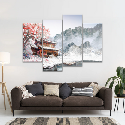 Brown Pagoda Under Red Cherry Blossom Wall Art Home Decor