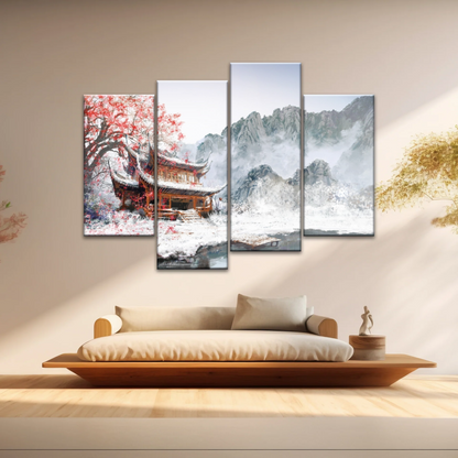 Brown Pagoda Under Red Cherry Blossom Wall Art Home Decor
