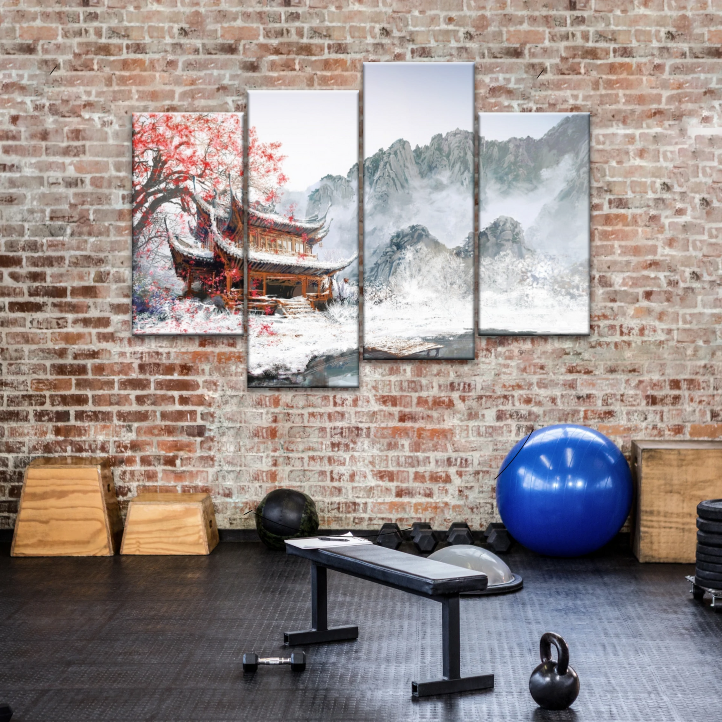 Brown Pagoda Under Red Cherry Blossom Wall Art Home Decor