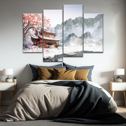 Brown Pagoda Under Red Cherry Blossom Wall Art Home Decor