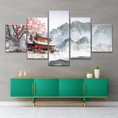 Brown Pagoda Under Red Cherry Blossom Wall Art Home Decor