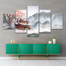 Load image into Gallery viewer, Brown Pagoda Under Red Cherry Blossom Wall Art Home Decor