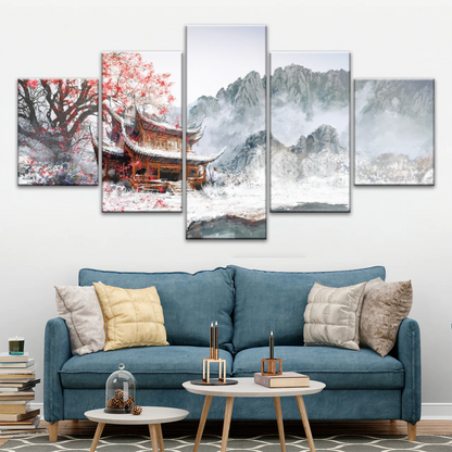 Brown Pagoda Under Red Cherry Blossom Wall Art Home Decor