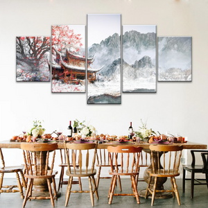 Brown Pagoda Under Red Cherry Blossom Wall Art Home Decor