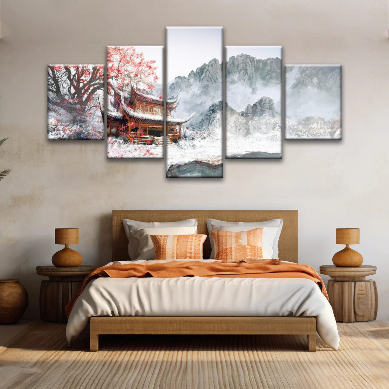 Brown Pagoda Under Red Cherry Blossom Wall Art Home Decor