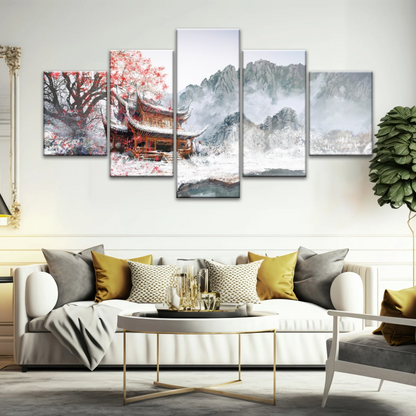 Brown Pagoda Under Red Cherry Blossom Wall Art Home Decor