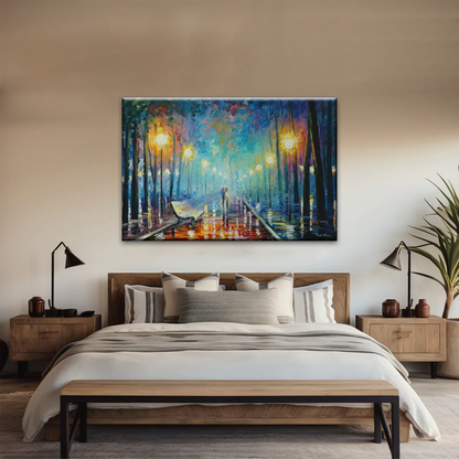 Couple With Umbrella Walking In The Rain Painting Canvas Print Art