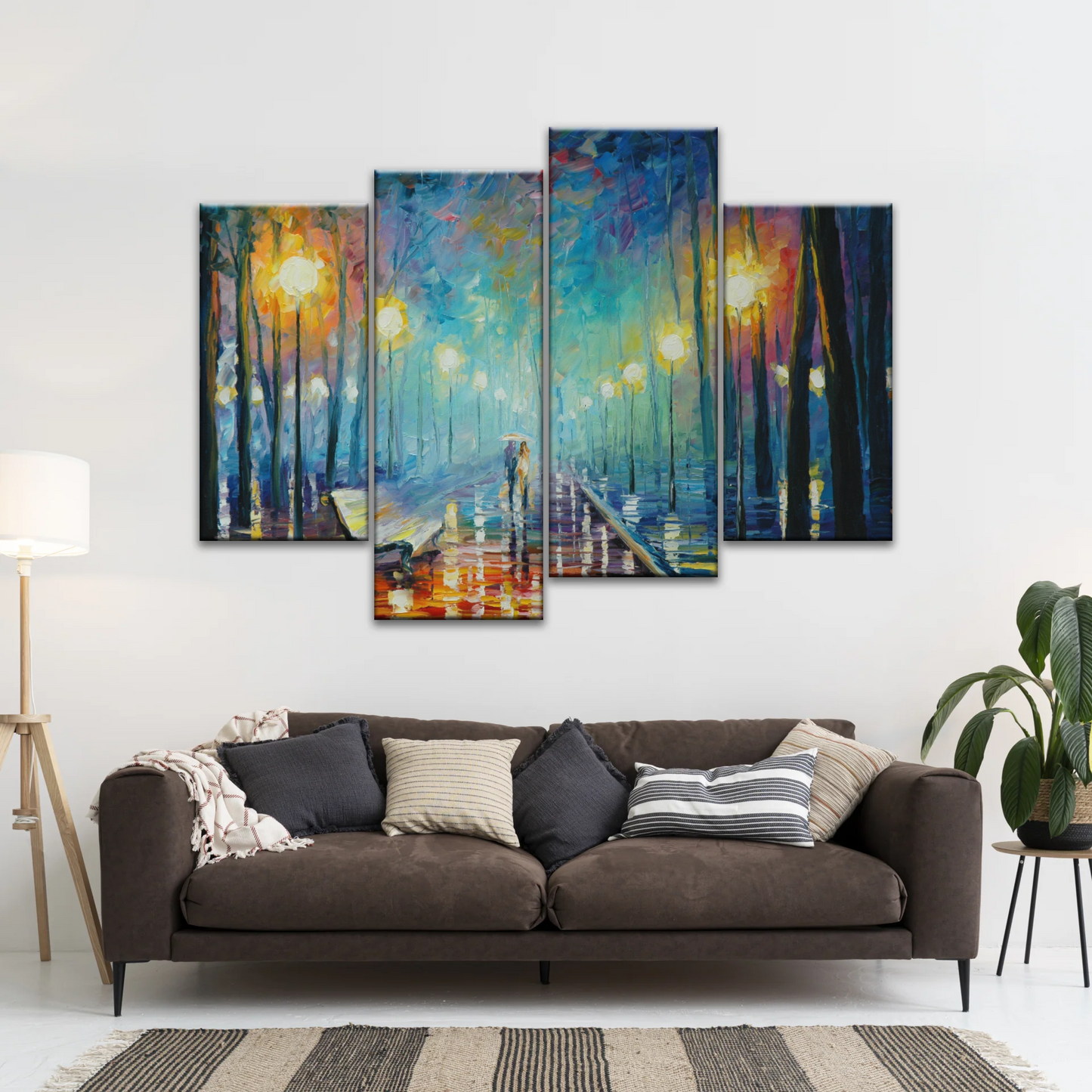 Couple With Umbrella Walking In The Rain Painting Canvas Print Art