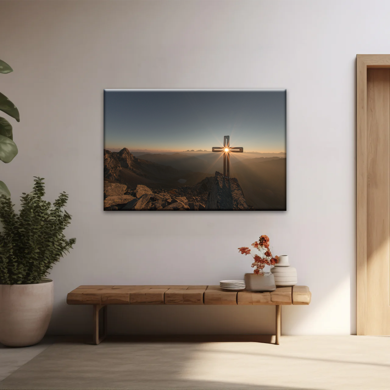 Sunrise Crossing Christian Cross On Mountain Wall Art Home Decor