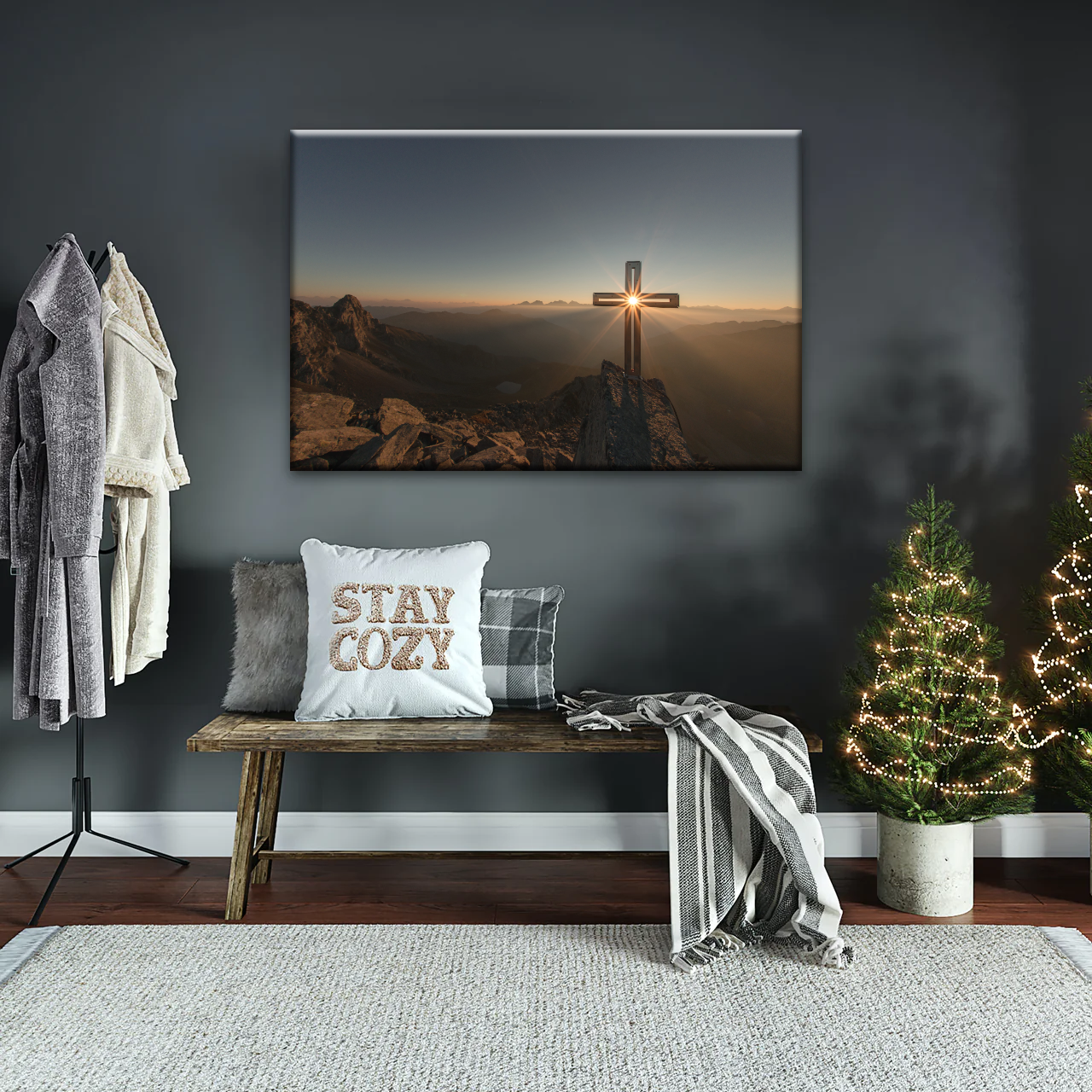 Sunrise Crossing Christian Cross On Mountain Wall Art Home Decor