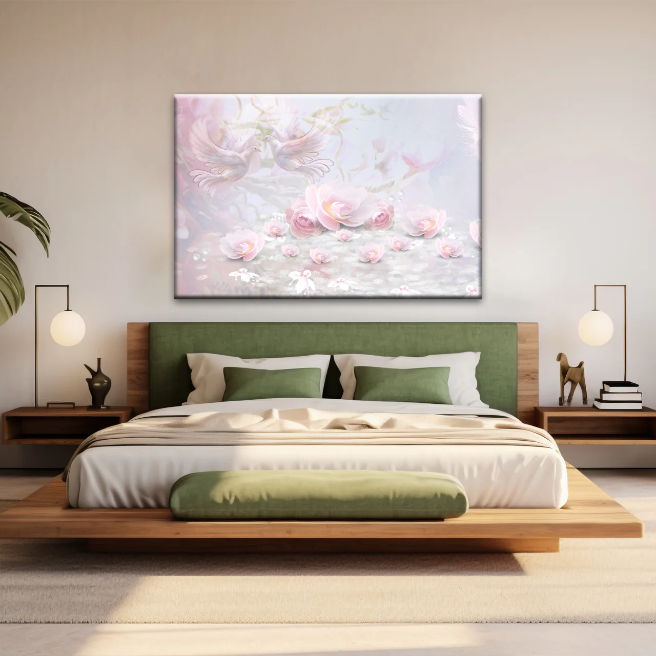 Pink Roses And Doves Canvas Art Printing