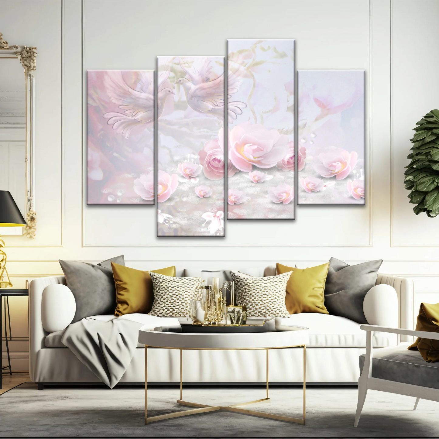 Pink Roses And Doves Canvas Art Printing