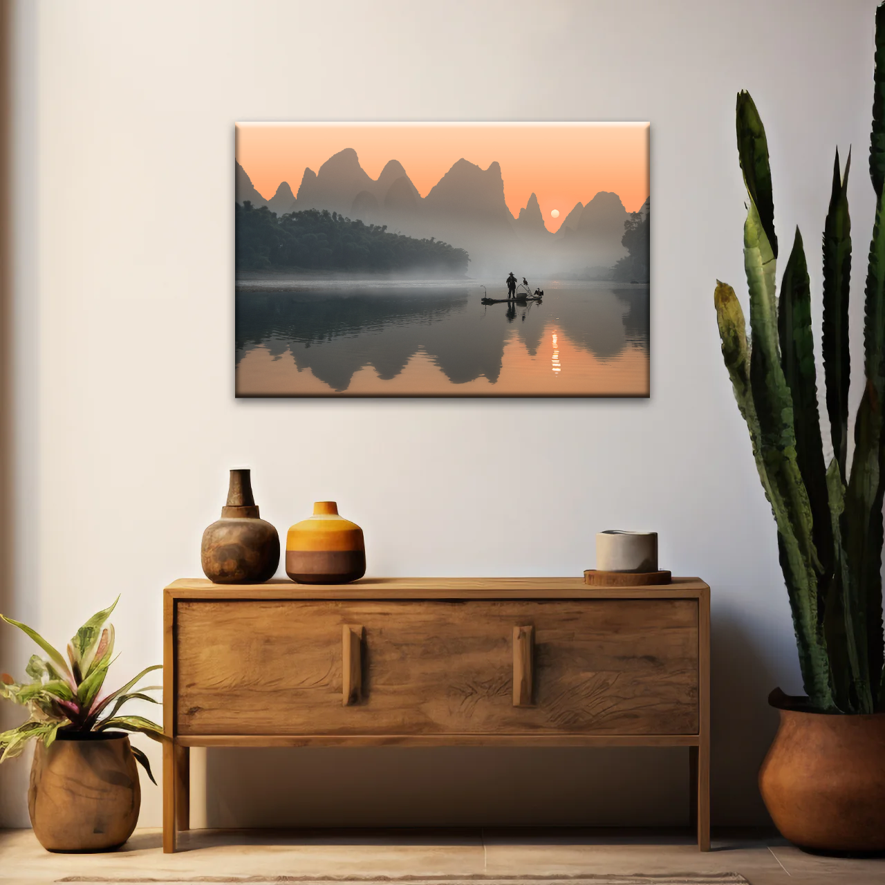A Lonely Fisherman Afloat on The Li River Printing On Canvas