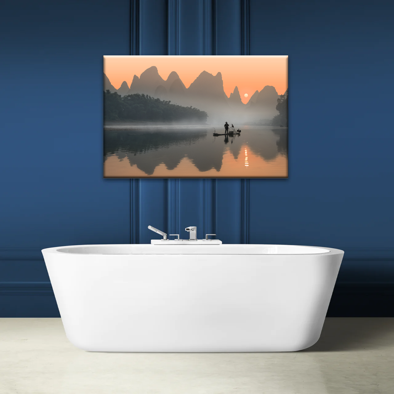 A Lonely Fisherman Afloat on The Li River Printing On Canvas