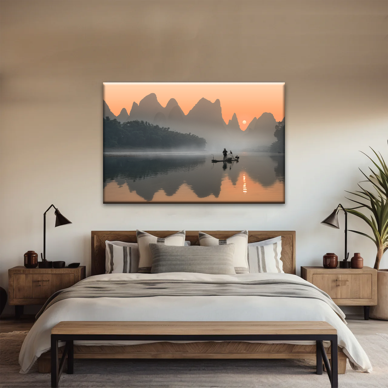 A Lonely Fisherman Afloat on The Li River Printing On Canvas