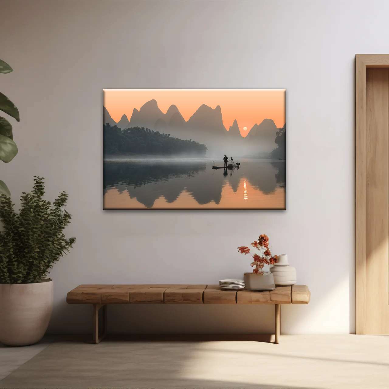 A Lonely Fisherman Afloat on The Li River Printing On Canvas