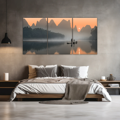 A Lonely Fisherman Afloat on The Li River Printing On Canvas