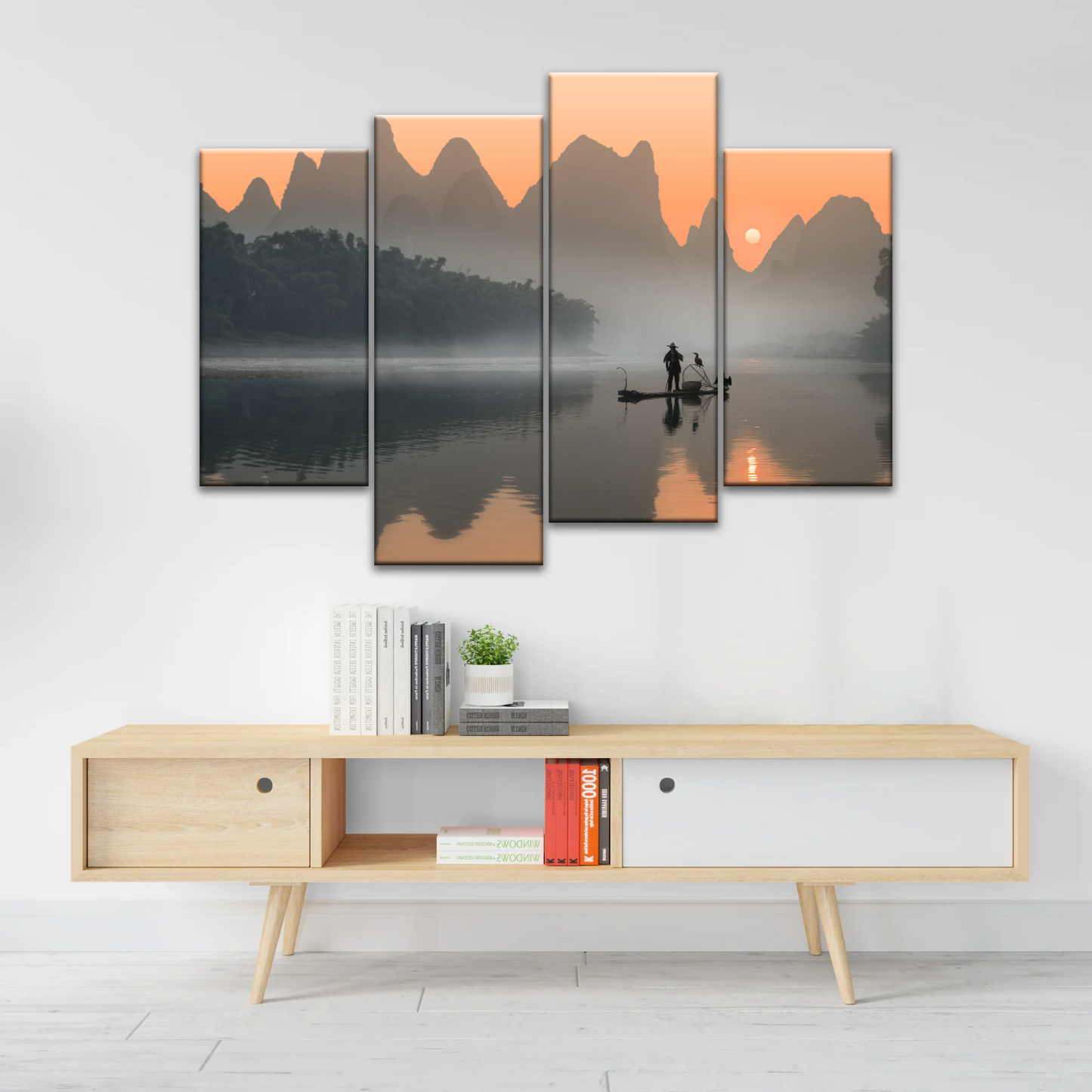 A Lonely Fisherman Afloat on The Li River Printing On Canvas