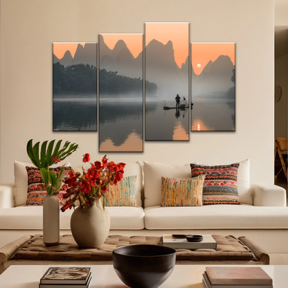 A Lonely Fisherman Afloat on The Li River Printing On Canvas