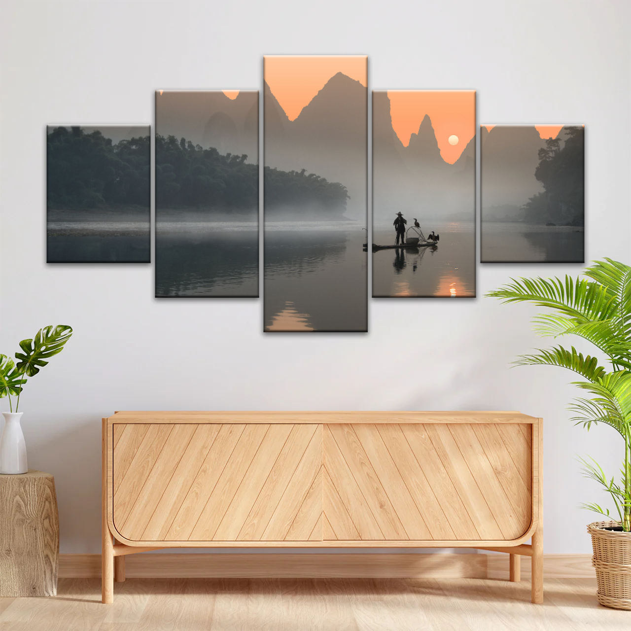 A Lonely Fisherman Afloat on The Li River Printing On Canvas