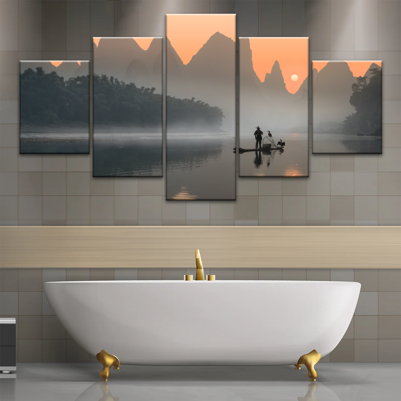 A Lonely Fisherman Afloat on The Li River Printing On Canvas