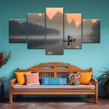 A Lonely Fisherman Afloat on The Li River Printing On Canvas
