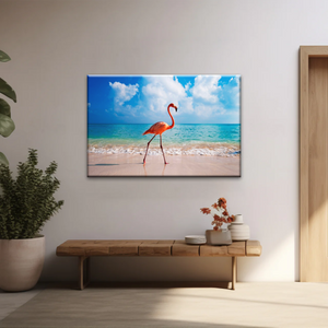 A Flamingo Splashing on The Beach of Caribbean Sea Canvas Print Photos