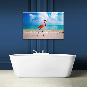 A Flamingo Splashing on The Beach of Caribbean Sea Canvas Print Photos