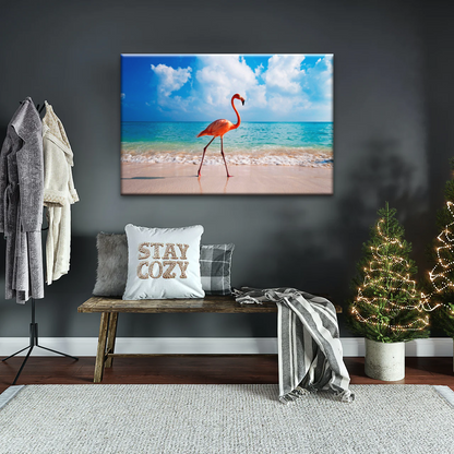 A Flamingo Splashing on The Beach of Caribbean Sea Canvas Print Photos