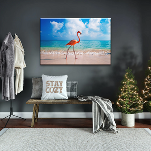 A Flamingo Splashing on The Beach of Caribbean Sea Canvas Print Photos