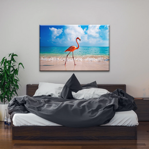 A Flamingo Splashing on The Beach of Caribbean Sea Canvas Print Photos