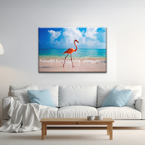 A Flamingo Splashing on The Beach of Caribbean Sea Canvas Print Photos