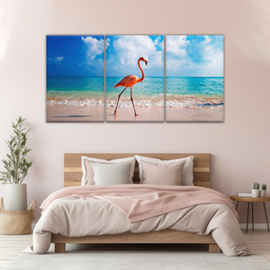 A Flamingo Splashing on The Beach of Caribbean Sea Canvas Print Photos