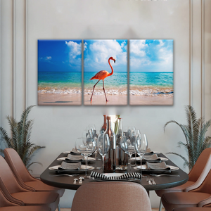 A Flamingo Splashing on The Beach of Caribbean Sea Canvas Print Photos