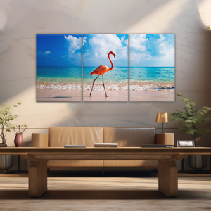 A Flamingo Splashing on The Beach of Caribbean Sea Canvas Print Photos