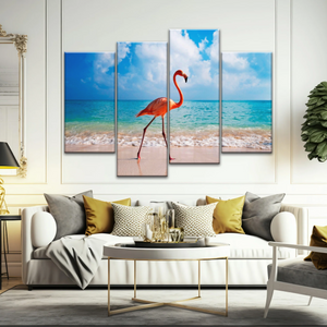 A Flamingo Splashing on The Beach of Caribbean Sea Canvas Print Photos