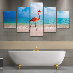 A Flamingo Splashing on The Beach of Caribbean Sea Canvas Print Photos