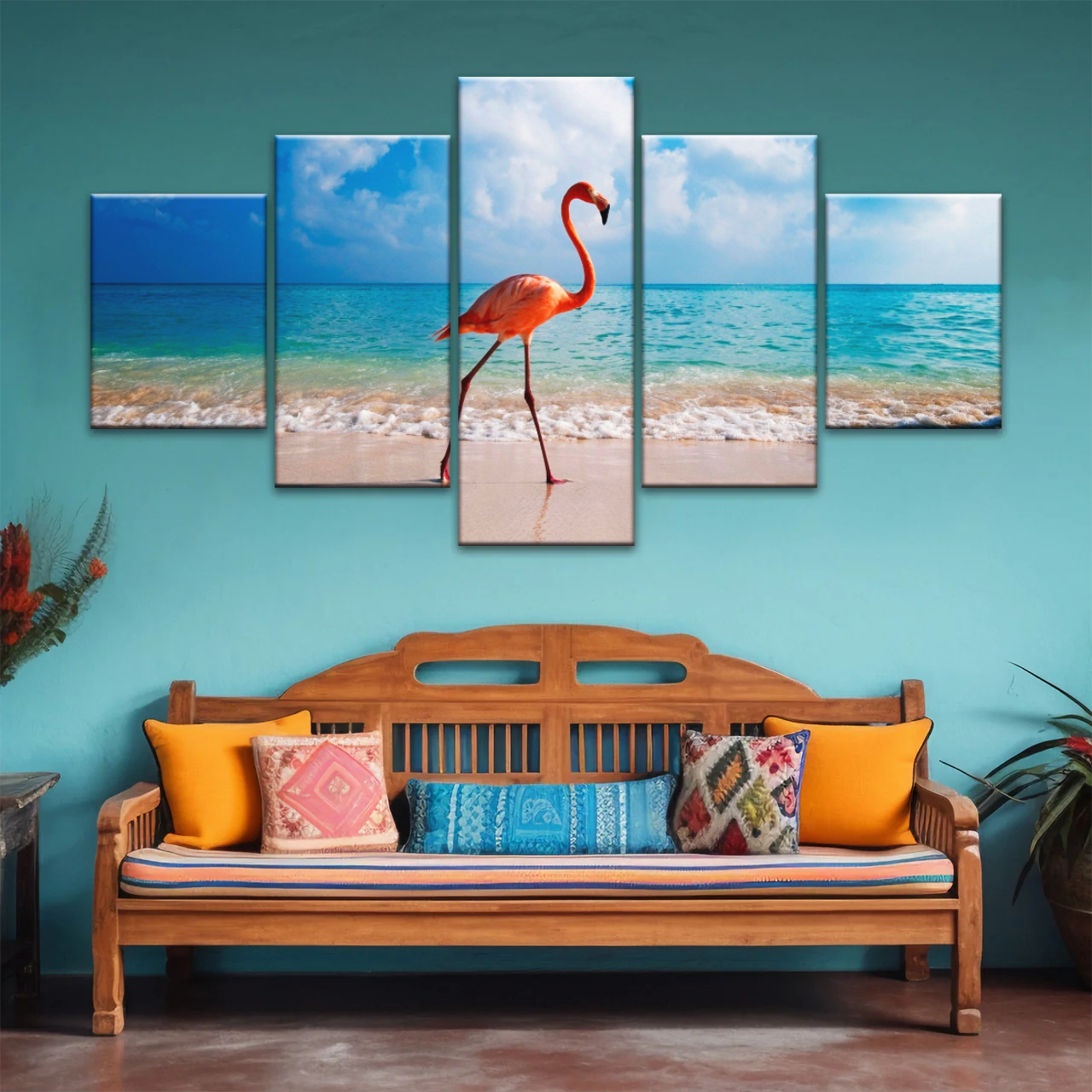 A Flamingo Splashing on The Beach of Caribbean Sea Canvas Print Photos