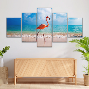 A Flamingo Splashing on The Beach of Caribbean Sea Canvas Print Photos