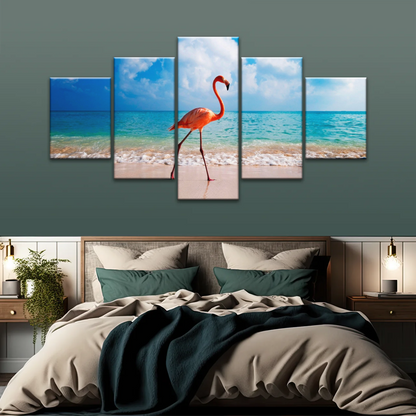 A Flamingo Splashing on The Beach of Caribbean Sea Canvas Print Photos