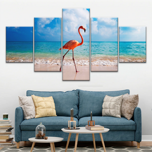 A Flamingo Splashing on The Beach of Caribbean Sea Canvas Print Photos