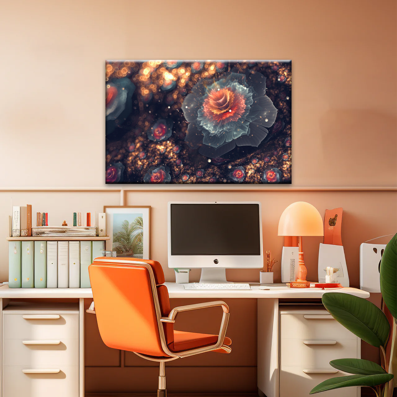 White And Orange Petaled Digital Flowers Wall Art