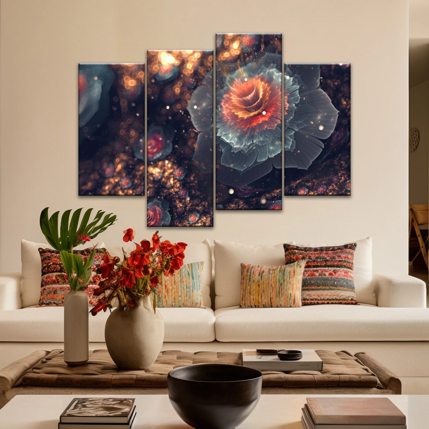 White And Orange Petaled Digital Flowers Wall Art