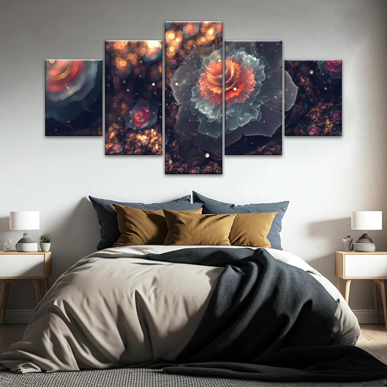 White And Orange Petaled Digital Flowers Wall Art