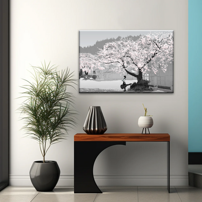 Girl Carry Cello Under Cherry Blossom Tree Photo On Canvas Print