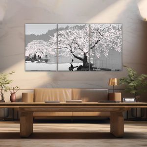 Girl Carry Cello Under Cherry Blossom Tree Photo On Canvas Print