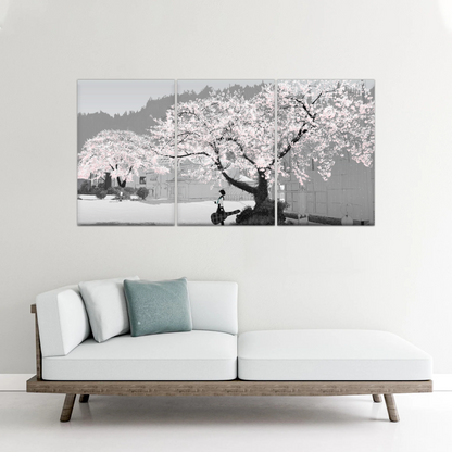 Girl Carry Cello Under Cherry Blossom Tree Photo On Canvas Print