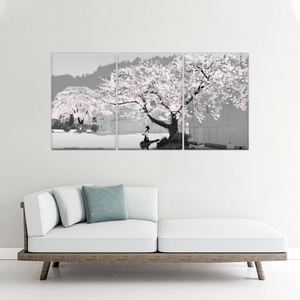 Girl Carry Cello Under Cherry Blossom Tree Photo On Canvas Print