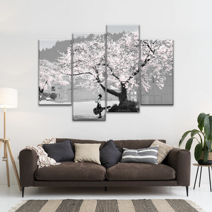 Girl Carry Cello Under Cherry Blossom Tree Photo On Canvas Print